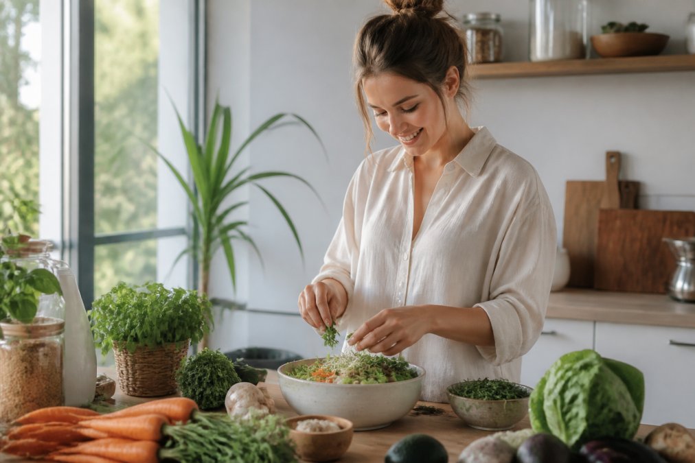 Vrouw bereidt gezonde voeding in een keuken voor orthomoleculaire ondersteuning vermoeidheid met verse groenten en daglicht.