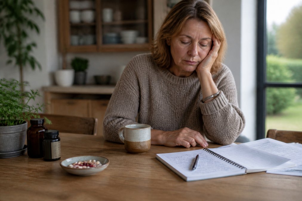 Vermoeide vrouw aan tafel met notitieboek en gezondheidsgegevens voor orthomoleculaire ondersteuning voor meer energie