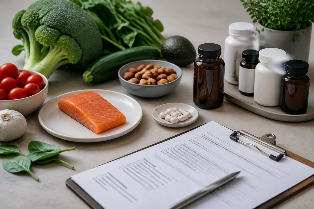 Gezonde voeding, supplementen en een bloedonderzoeksformulier voor orthomoleculaire ondersteuning voor meer energie.