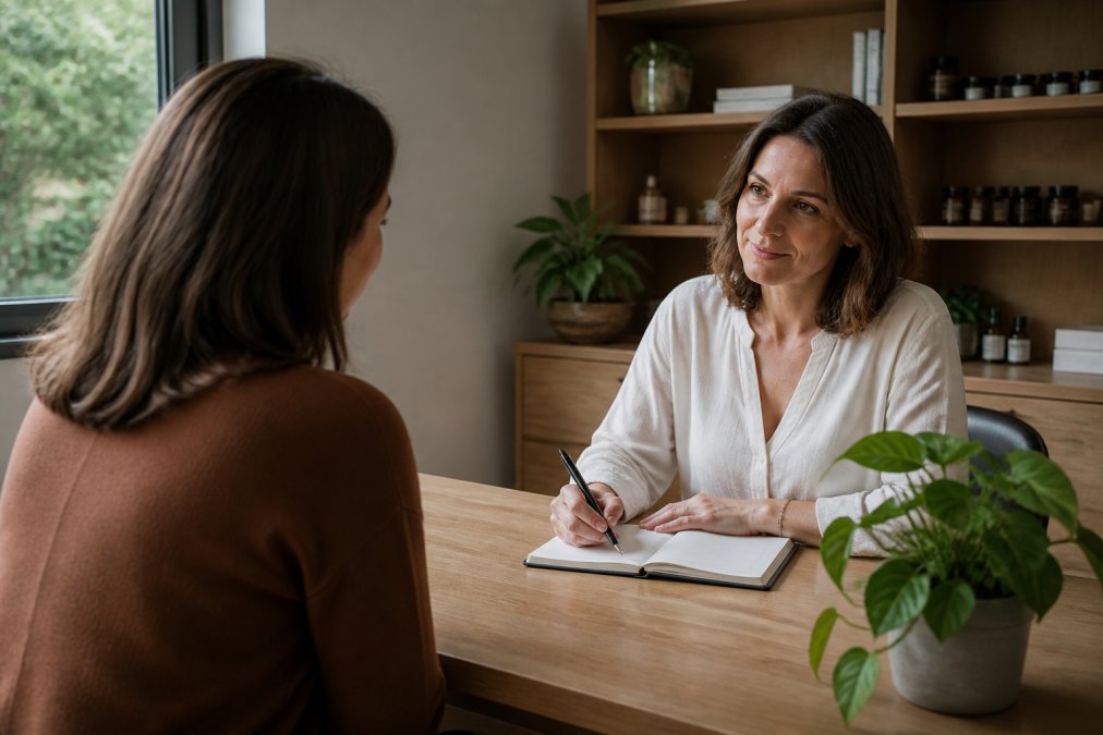 Therapeut voert consult uit in een orthomoleculaire praktijk Schilde kosten overzicht sfeer met aandacht voor de patiënt.