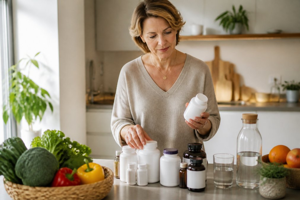 Vrouw van 40+ organiseert orthomoleculaire supplementen voor vrouwen 40+ review op haar keukenblad naast verse groenten.