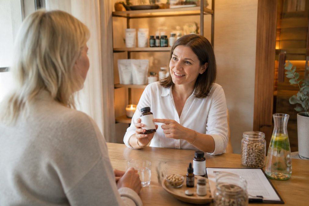 Gezondheidsdeskundige voert consult voor orthomoleculaire supplementen voor vrouwen 40+ review in een warme praktijk