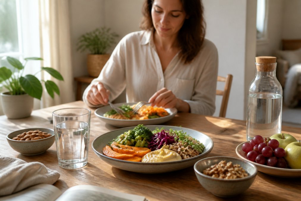 Persoon eet onbewerkt eten aan een keukentafel voor een orthomoleculaire therapie levensstijl