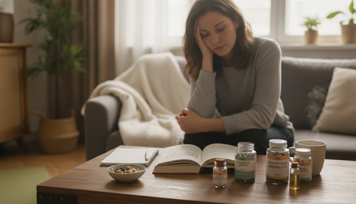 Vrouw in huiselijke omgeving die zich moe en onwel voelt, zittend op een bank met aandacht voor gezichtsuitdrukking die vermoeidheid en ongemak uitstraalt, natuurlijke daglichtinval door raam