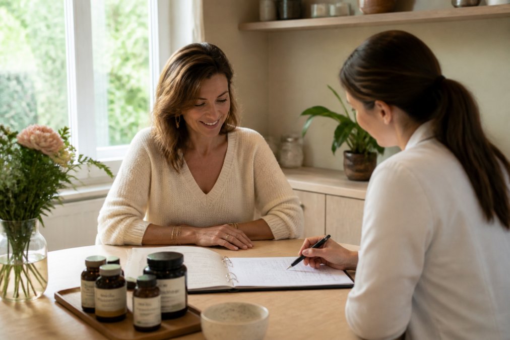 Gezondheidsprofessional bespreekt behandelplan en orthomoleculaire therapie kosten met cliënt in een rustige kliniek.