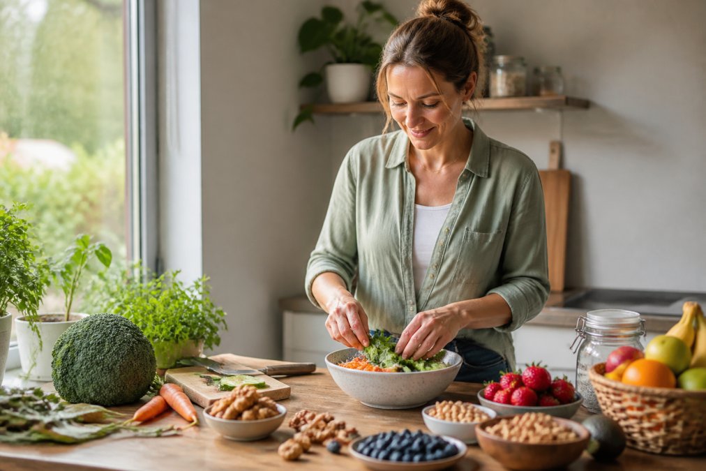 Persoon bereidt gezonde maaltijd met groenten en fruit voor in een gids over orthomoleculaire therapie voor beginners.