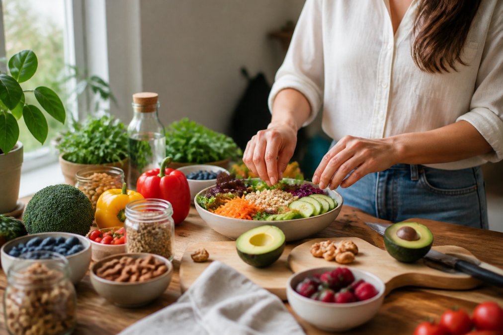 Iemand bereidt een gezonde maaltijd met groenten en fruit voor in een orthomoleculaire therapie voor beginners gids setting.