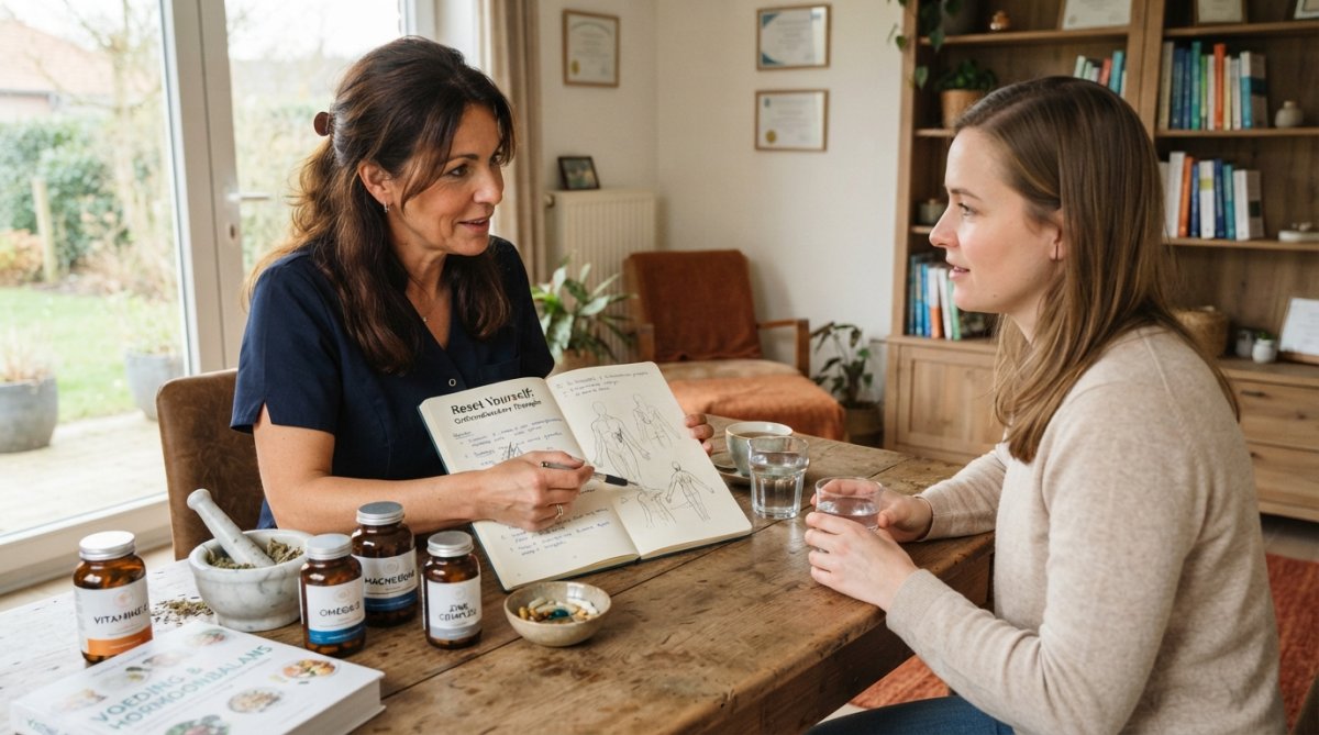 Vrouw in gesprek met een therapeut tijdens consult orthomoleculaire therapie vrouwen in een rustige kliniek