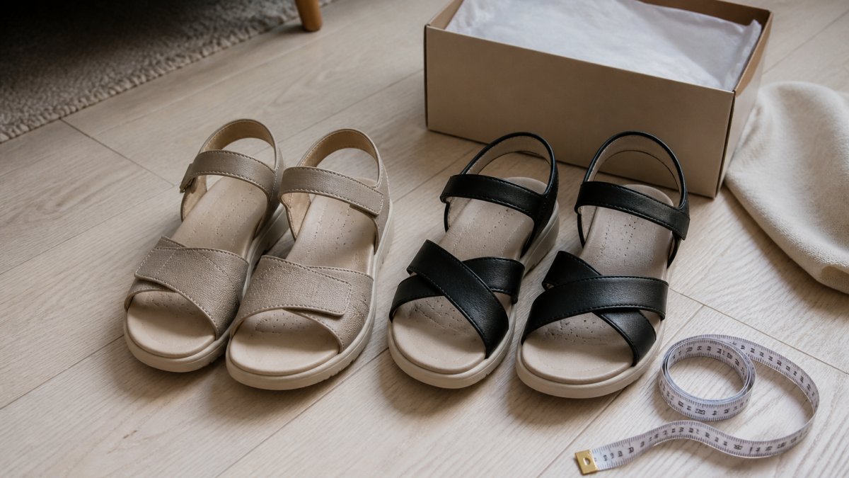 Nahaufnahme von zwei Paar orthopädischen Sandalen mit breitem, nahtfreiem Vorfußbereich und Memory-Schaum-Fußbett, die nebeneinander auf einem hellen Holzboden stehen, daneben eine geöffnete Schuhschachtel und ein Maßband