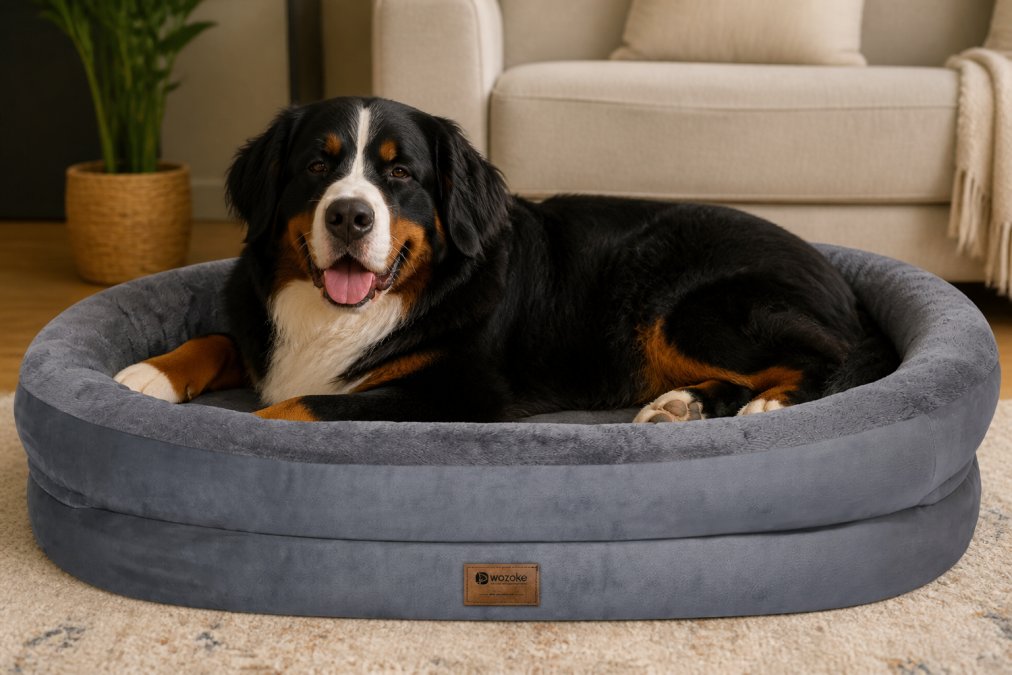 Senior large breed dog resting peacefully on an orthopedic bed, showing visible comfort and relaxation with proper spinal alignment and joint support