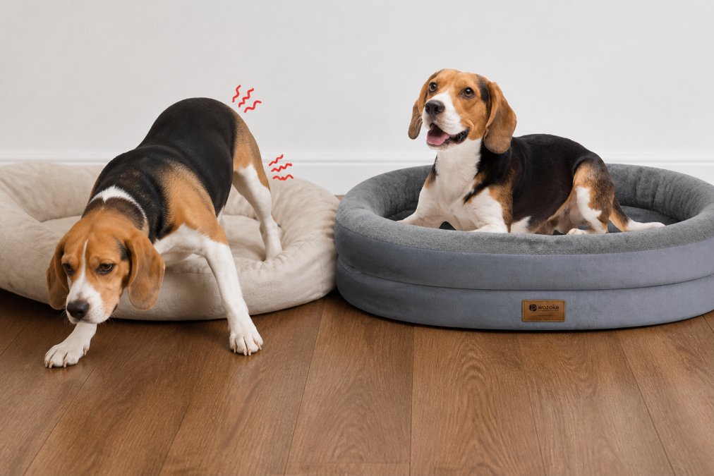 Large breed dog showing signs of stiffness while standing up from a regular bed, with visible difficulty in movement and posture, contrasted with comfort on an orthopedic surface
