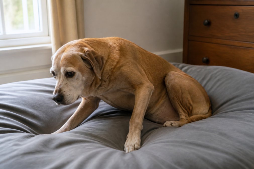 Senior dog with gray muzzle lying on a regular bed, showing stiffness and difficulty with positioning, captured in natural home lighting from a window