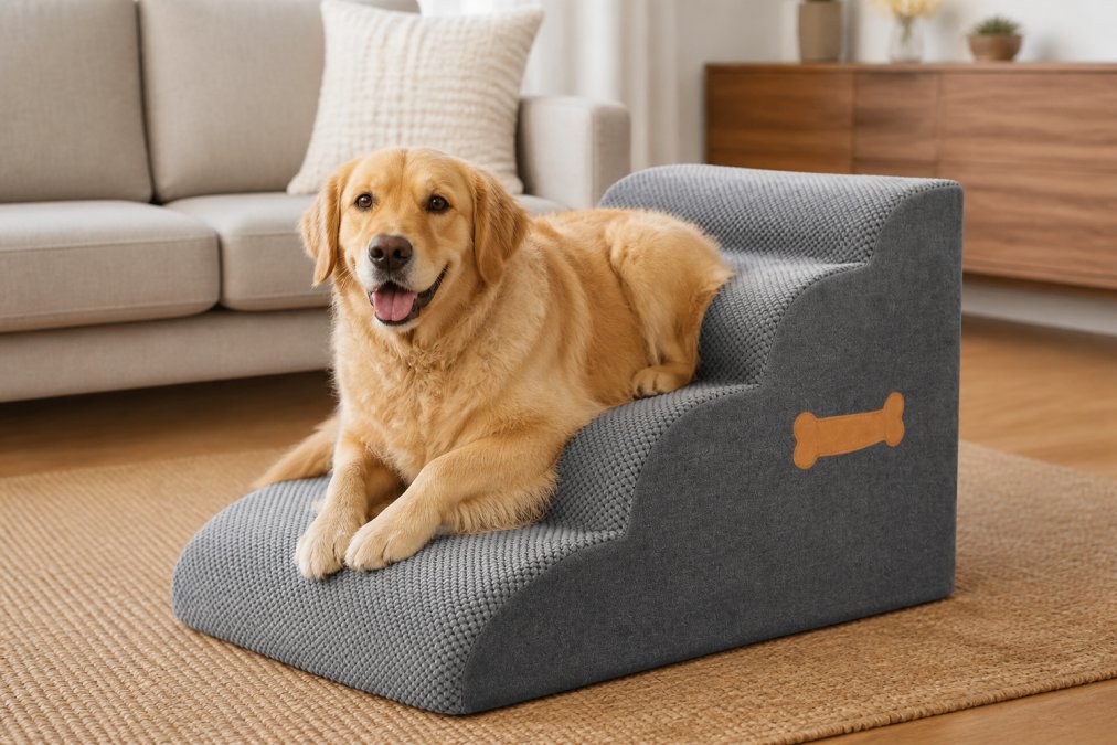 Large dog resting peacefully on an elevated orthopedic bed in a bright home living room, showing proper spine alignment and supported positioning