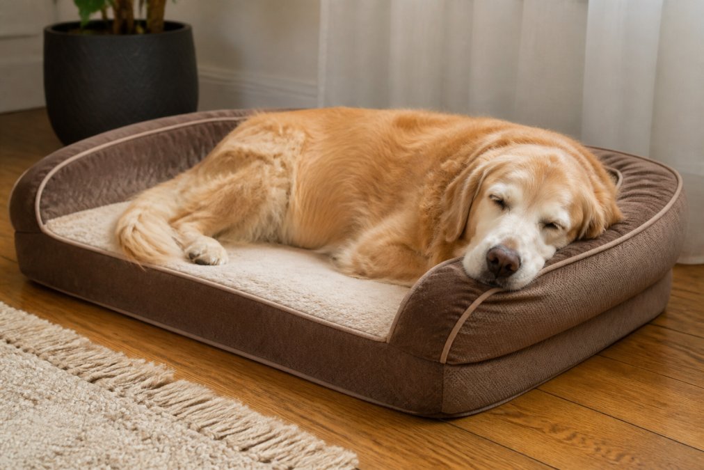 Older golden retriever resting peacefully on a supportive orthopedic bed with bolster sides, showing relaxed posture and comfortable positioning in natural home lighting