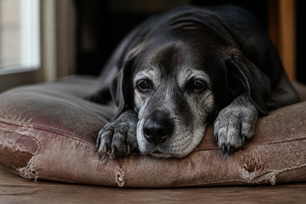 Close-up of senior dog's face showing subtle signs of discomfort and stiffness, resting on worn, flattened bedding in soft natural light