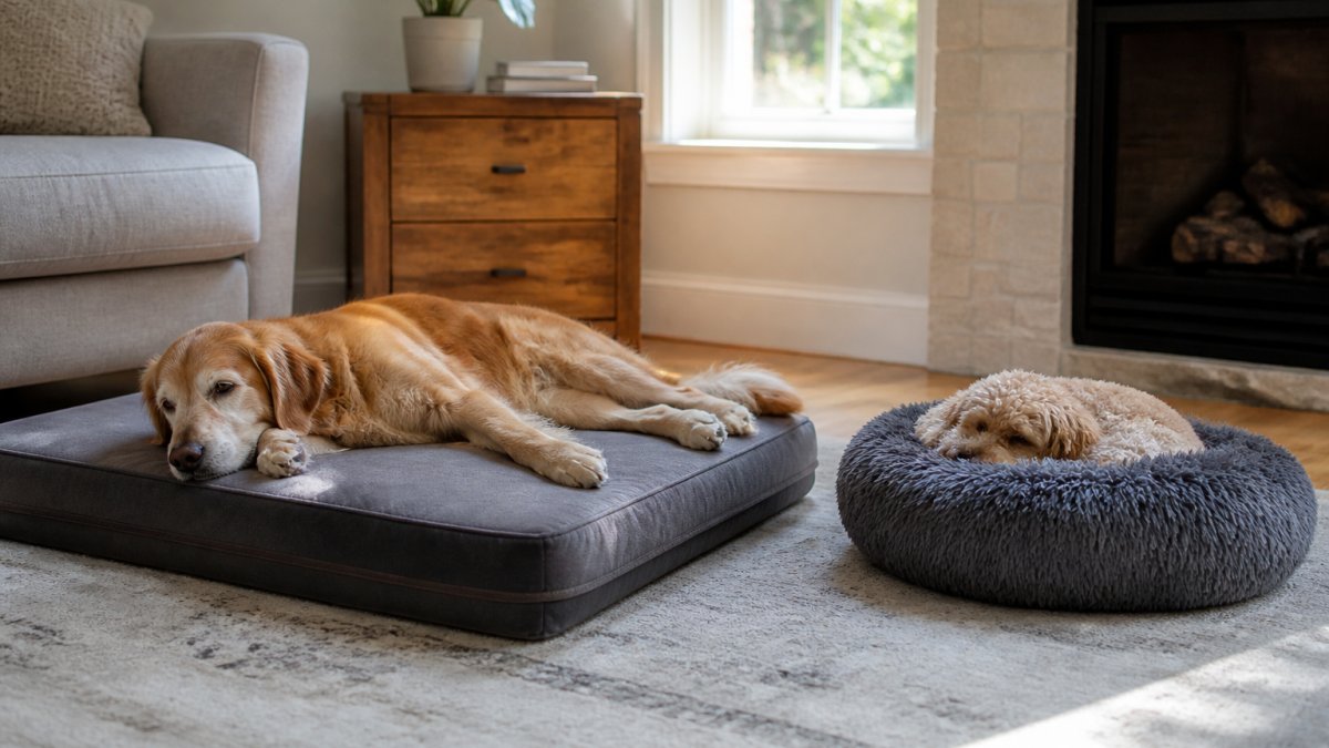 A large senior dog lying stretched out on a thick orthopedic foam bed in a bright living room, with a smaller dog curled on a plush donut bed nearby, afternoon light through a window