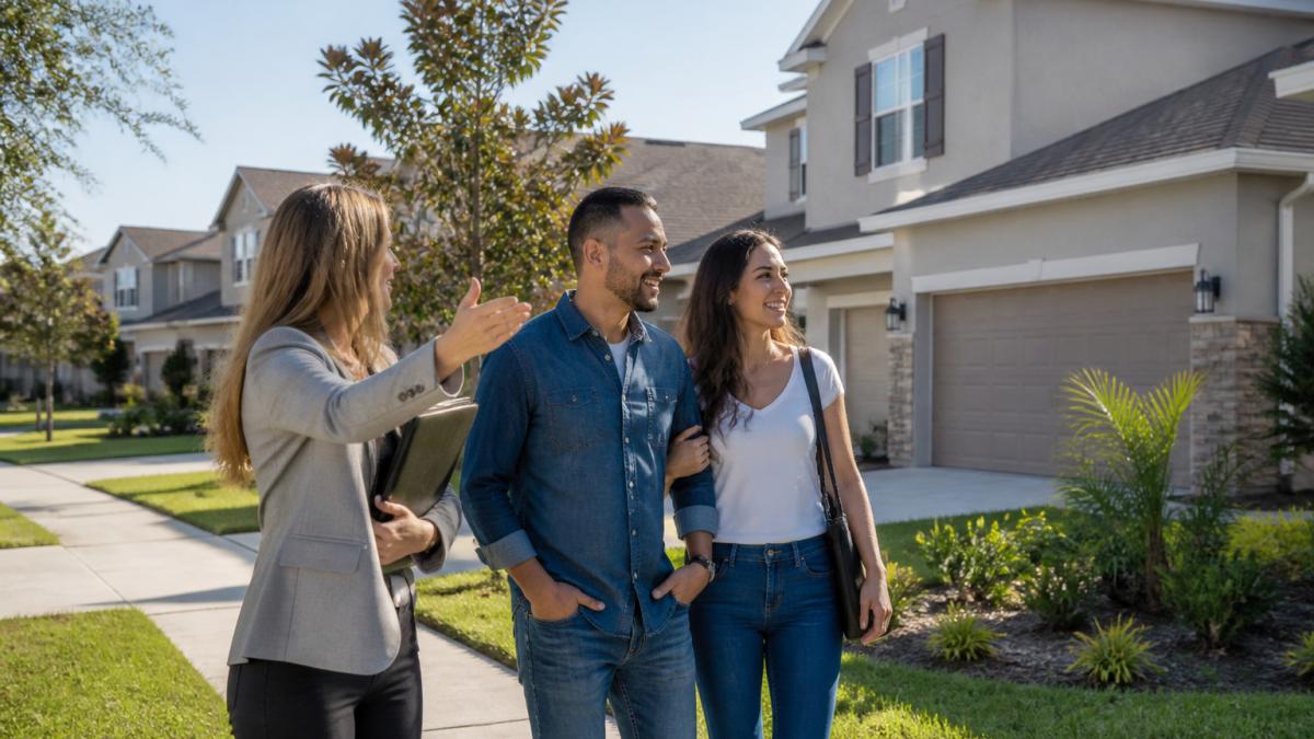 Real estate agent and prospective buyers walking through a residential neighborhood in Osceola County, examining homes with for-sale signs, discussing market conditions in natural afternoon light