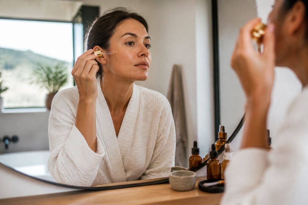 Woman in her thirties applying facial oil to her cheek in a bright, sunlit bathroom with amber glass bottles