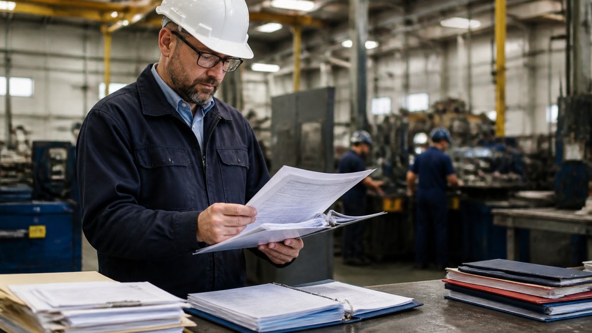 Safety manager reviewing compliance records on a tablet to aid in OSHA citation defense on a factory floor.