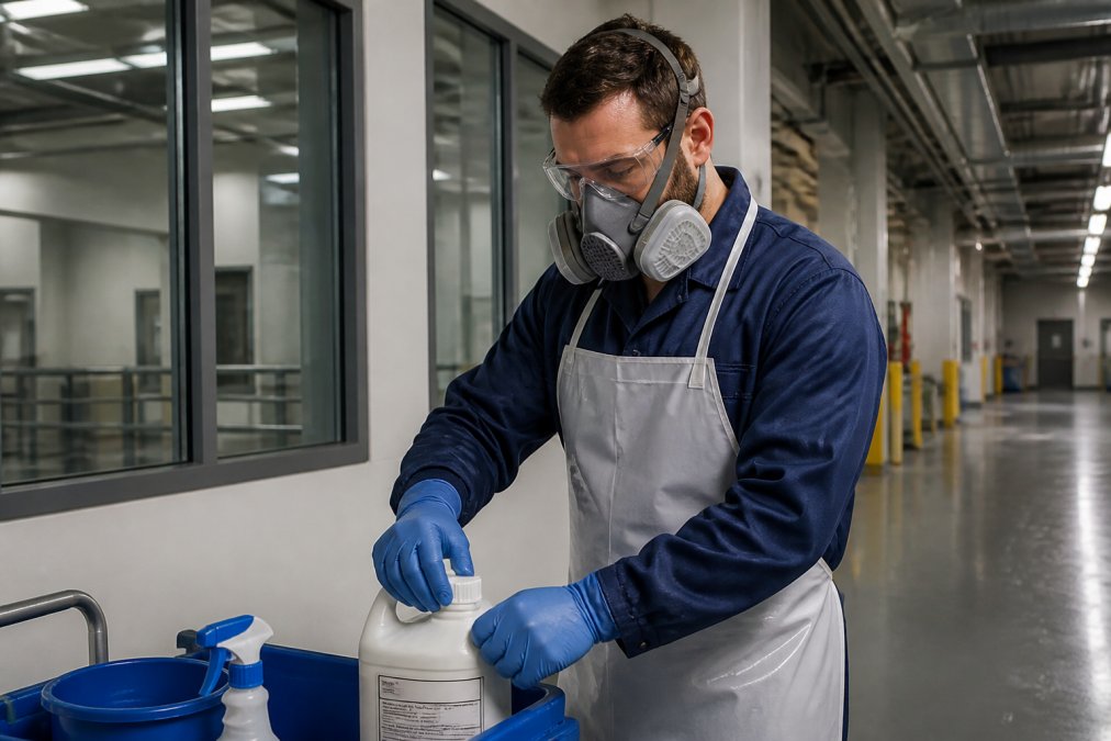 Professional cleaning staff member wearing full personal protective equipment including nitrile gloves, respirator mask with proper seal, safety goggles, and protective apron while handling chemical cleaning solution in a commercial facility with proper ventilation