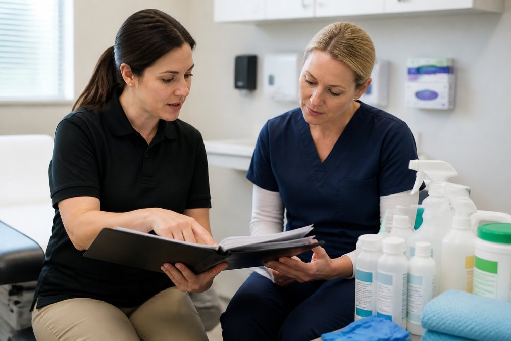 Vendor representative reviewing cleaning protocol documentation with clinic manager in a clinical setting