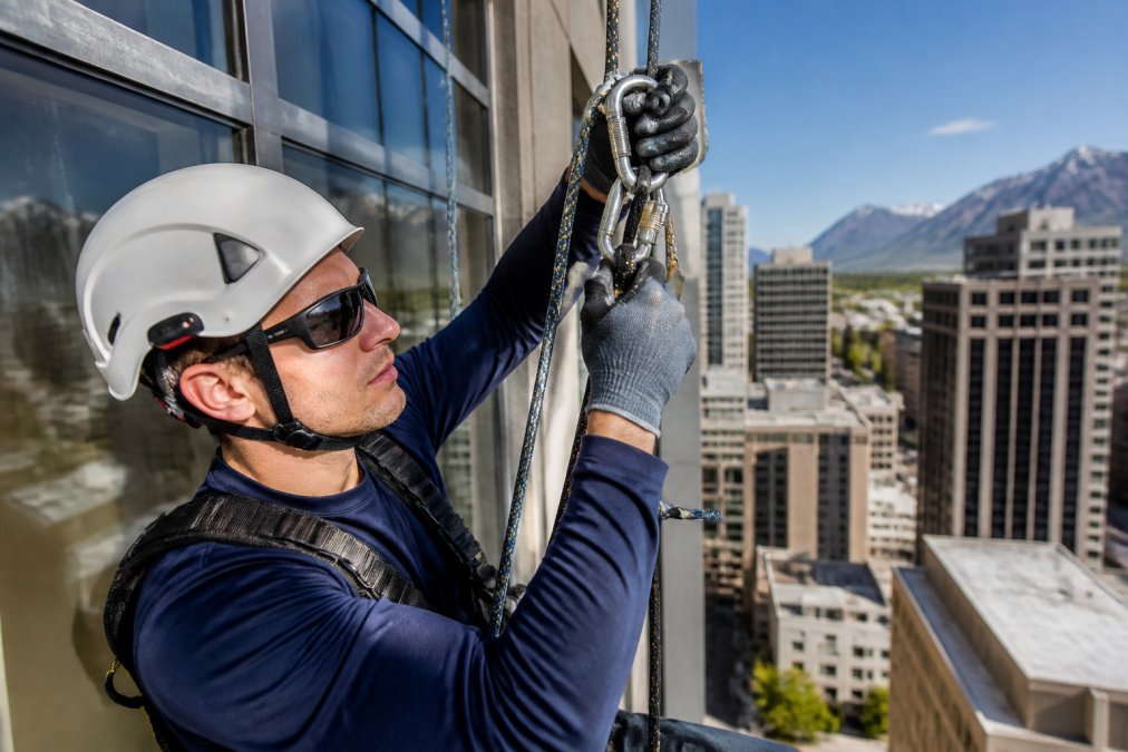 Technician in safety harness inspecting rope descent system equipment against a high-rise building exterior, checking carabiners and lifeline attachment points under bright daylight