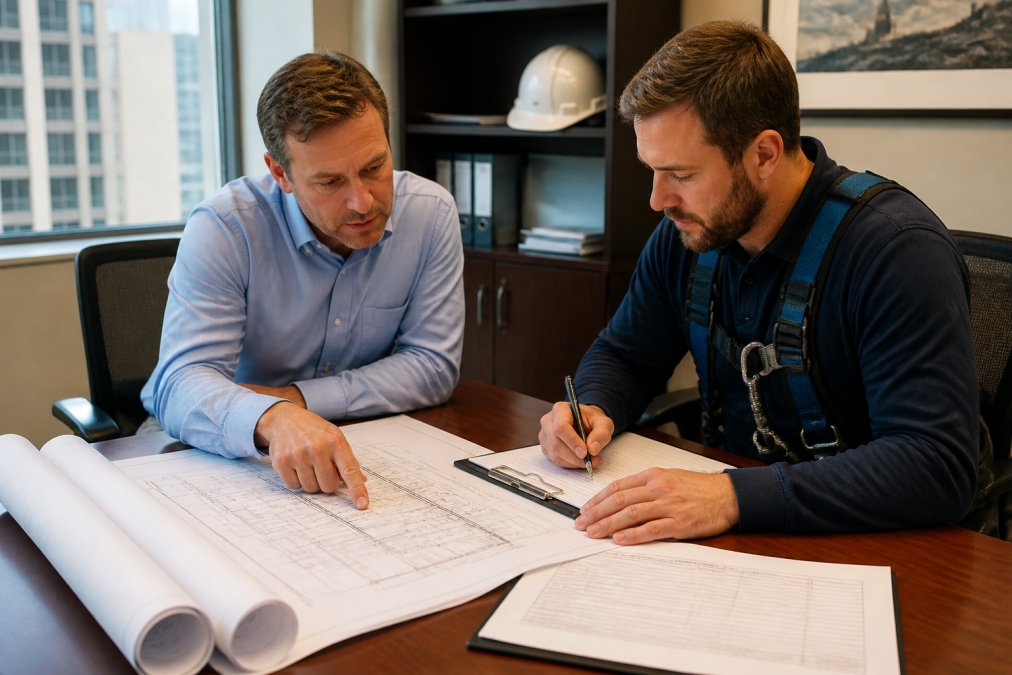 Property manager and window cleaning supervisor reviewing site-specific safety documentation and building blueprints at a desk in a professional office setting, with architectural plans and compliance forms visible