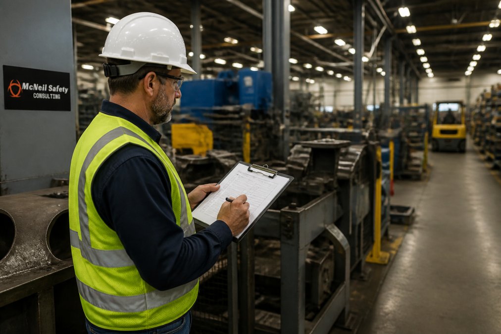 A safety manager wearing a hard hat and high-visibility vest reviewing printed inspection checklists on a clipboard while standing on a manufacturing plant floor near industrial machinery, with overhead fluorescent lighting illuminating rows of equipment in the background