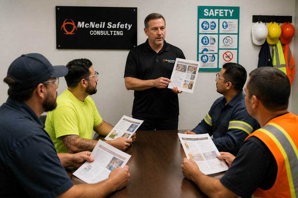 A safety trainer standing at the front of a small conference room presenting printed safety training materials to a group of manufacturing workers seated at a table, with safety signage and compliance posters visible on the wall behind them, lit by overhead office lighting
