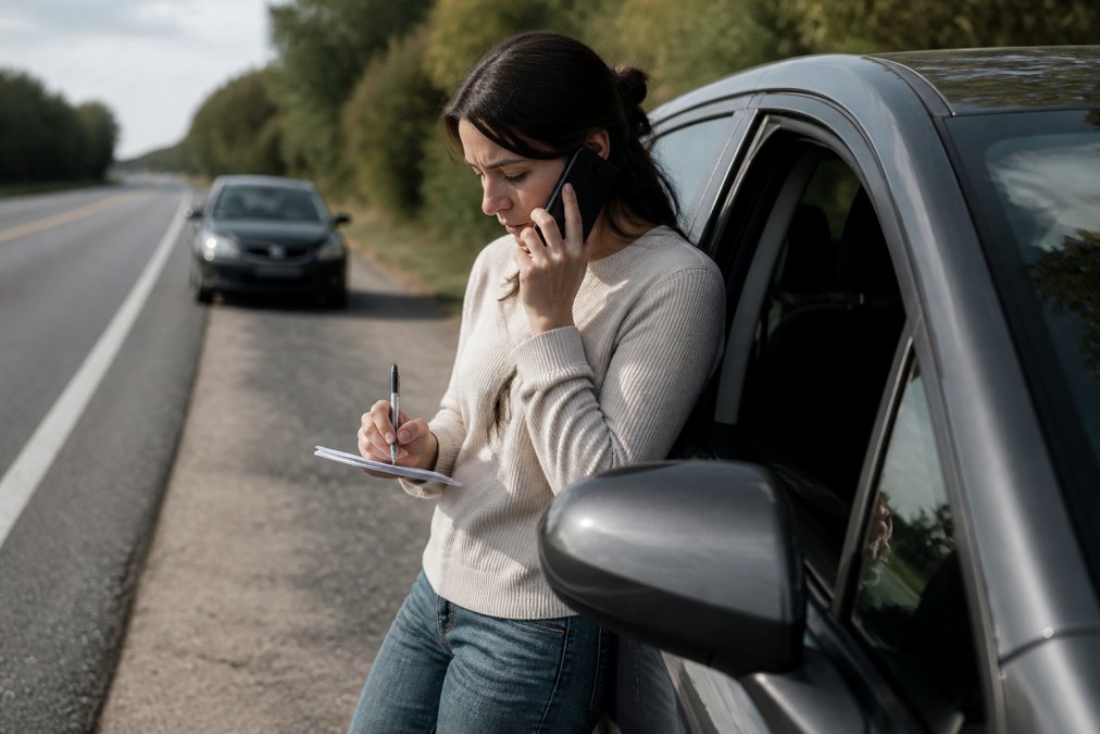 Driver taking notes on a phone after a crash with an uninsured driver Georgia on the road shoulder