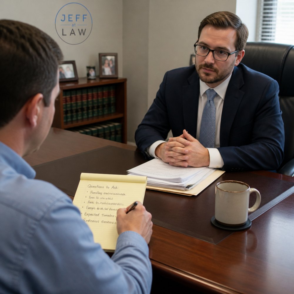 A person sitting across a desk from an attorney in a modest law office, holding a notepad with handwritten questions, papers and a coffee mug on the desk between them