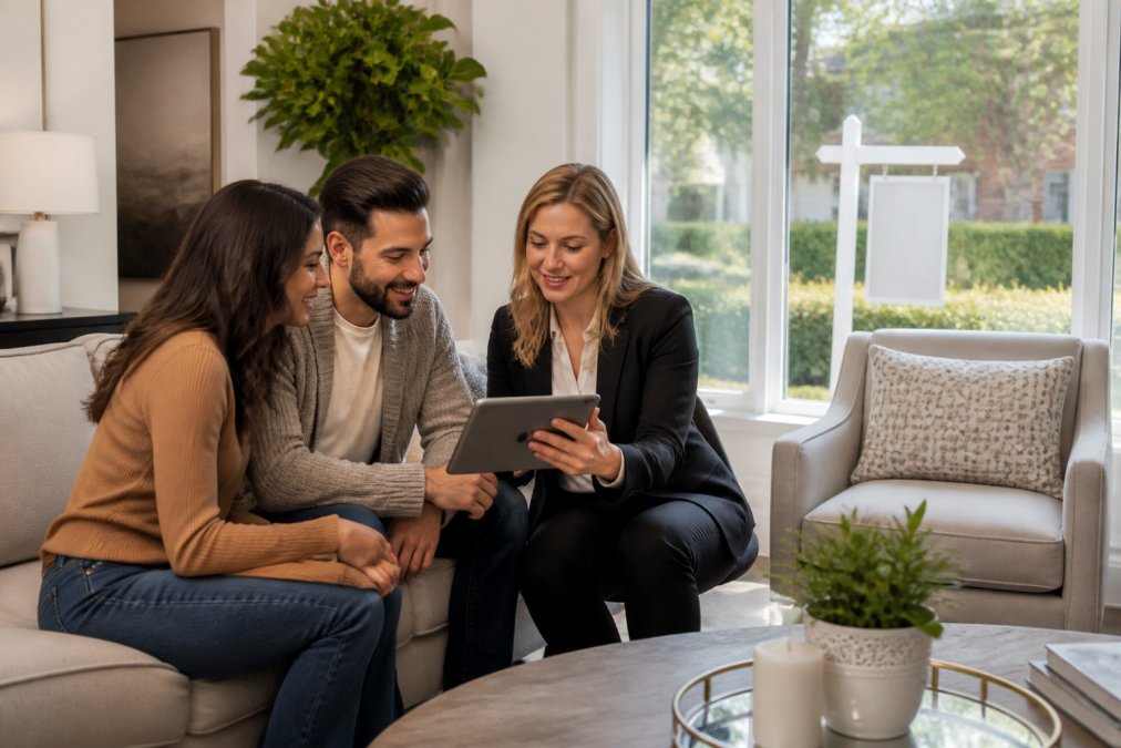 A real estate agent and a young couple reviewing property listings on a tablet in a bright, modern Ottawa living room, with a 'For Sale' sign visible through the window