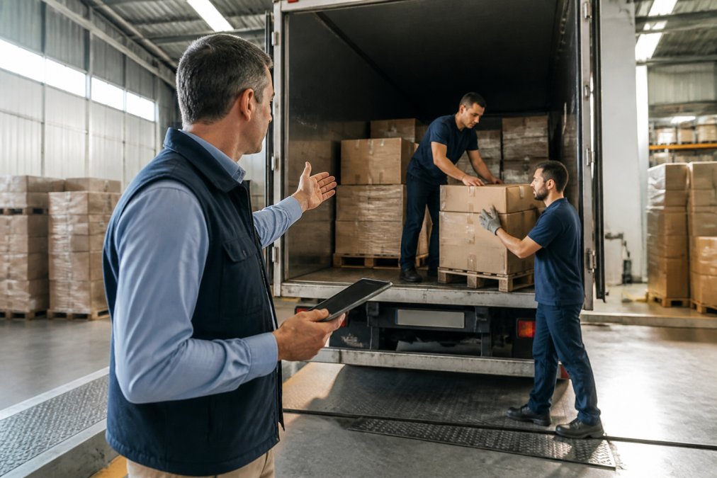Supervisore con tablet coordina lo scarico merci per ottimizzare i costi magazzino in un centro logistico moderno