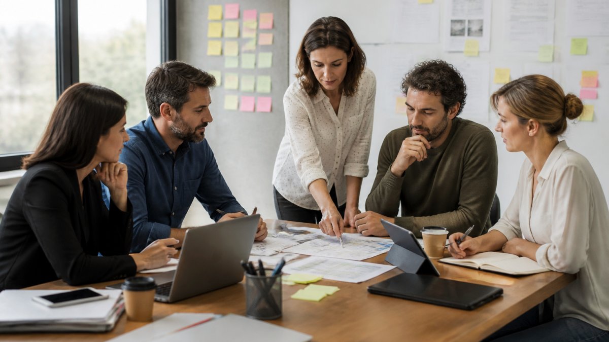 Team di coordinatori eventi che collaborano attorno a un tavolo con laptop e tablet, consultando una timeline di progetto e discutendo di attività pianificate, con documenti stampati e note sticky sulla parete