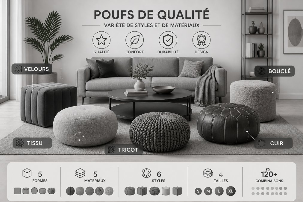 Salon confortable avec plusieurs poufs de styles différents (velours, cuir, tissu) disposés autour d'une table basse, montrant la variété de designs et de matériaux disponibles