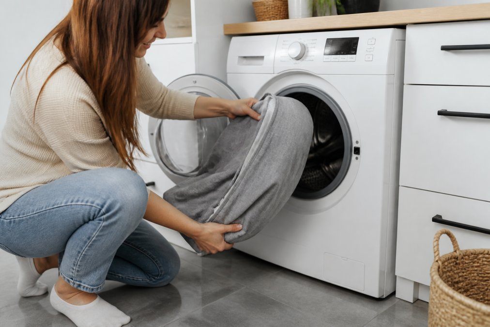 Parent carefully removing a removable beanbag cover and placing it into a washing machine, showing the ease of cleaning and maintenance for children's furniture