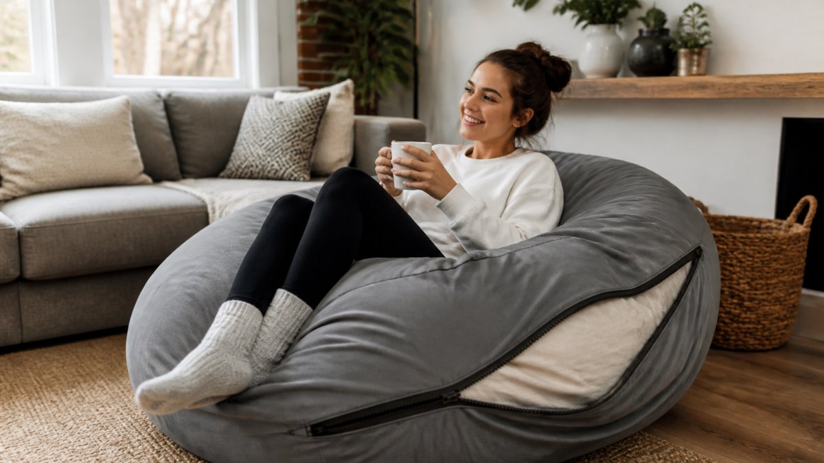 Personne assise confortablement sur un grand pouf géant déhoussable dans un salon moderne, avec la housse amovible visible et un environnement accueillant