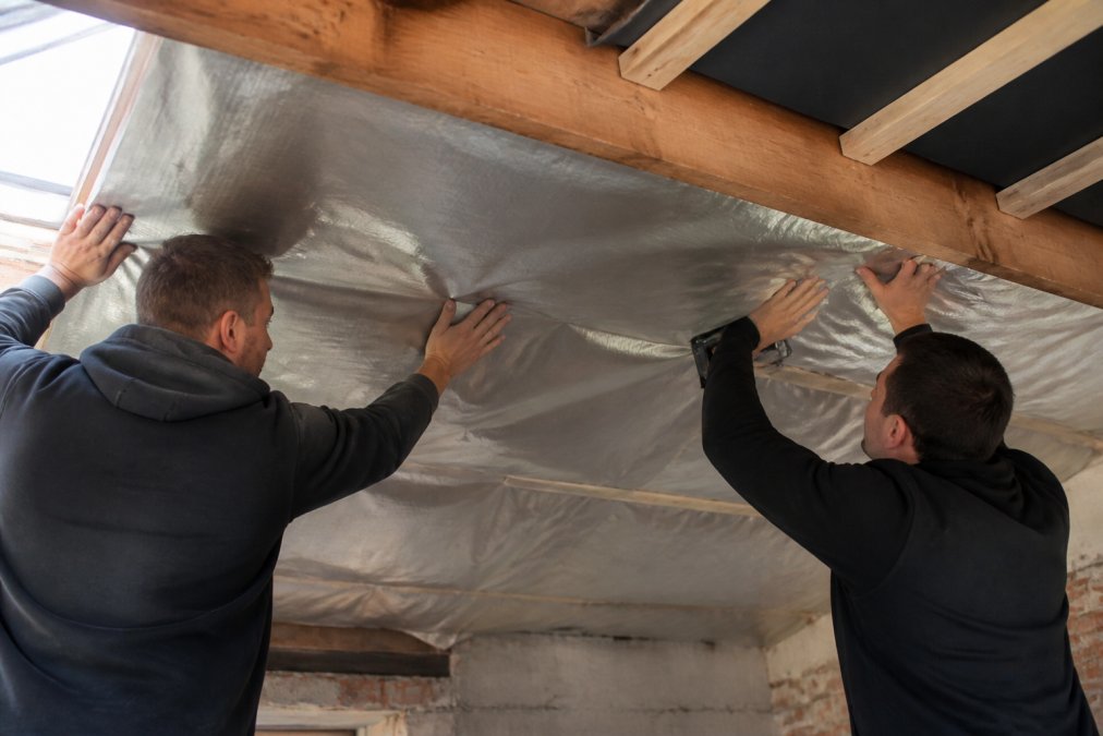 Een vakman in werkkleding spant dampremmende folie strak tegen de houten dakbalken van een oud dak, met de handen de folie aandrukkend terwijl een tweede persoon de folie vastniet met een nietpistool, natuurlijk daglicht van boven