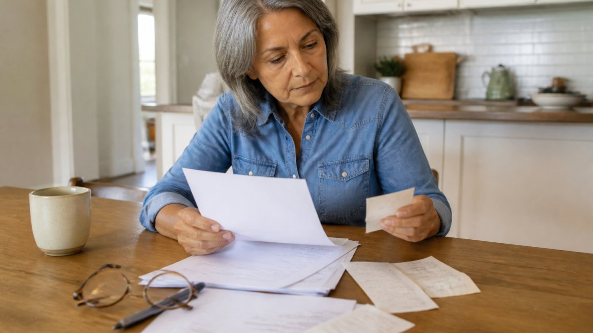 A person at a kitchen table reviewing a vision insurance claim form and receipts next to a laptop, with reading glasses and a pen nearby
