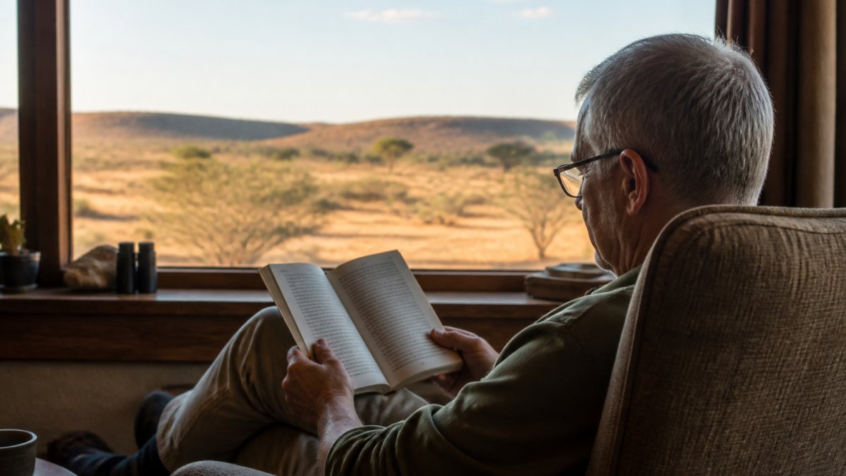 A reader relaxing in a chair with a paperback mystery novel, a wide outback landscape visible through a window behind them, warm afternoon light