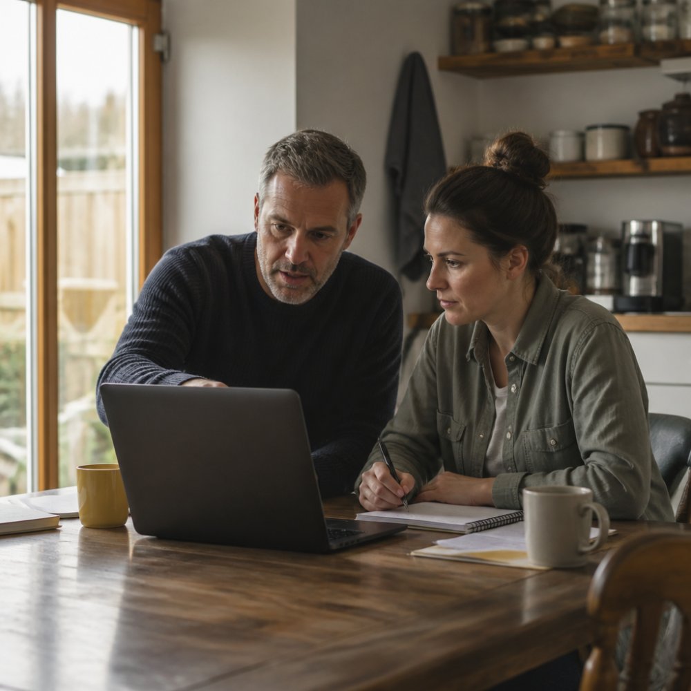 Two sales professionals reviewing pipeline figures on a laptop screen in a modern office, one pointing at the screen while the other takes notes, soft daylight from a window
