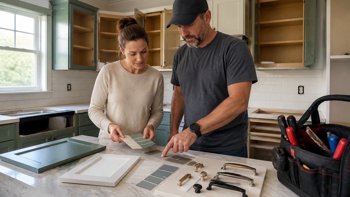 A homeowner and a contractor reviewing paint swatches and cabinet hardware samples on the counter of a kitchen that is mid-update, with open cabinet doors showing freshly painted frames and a toolbox nearby