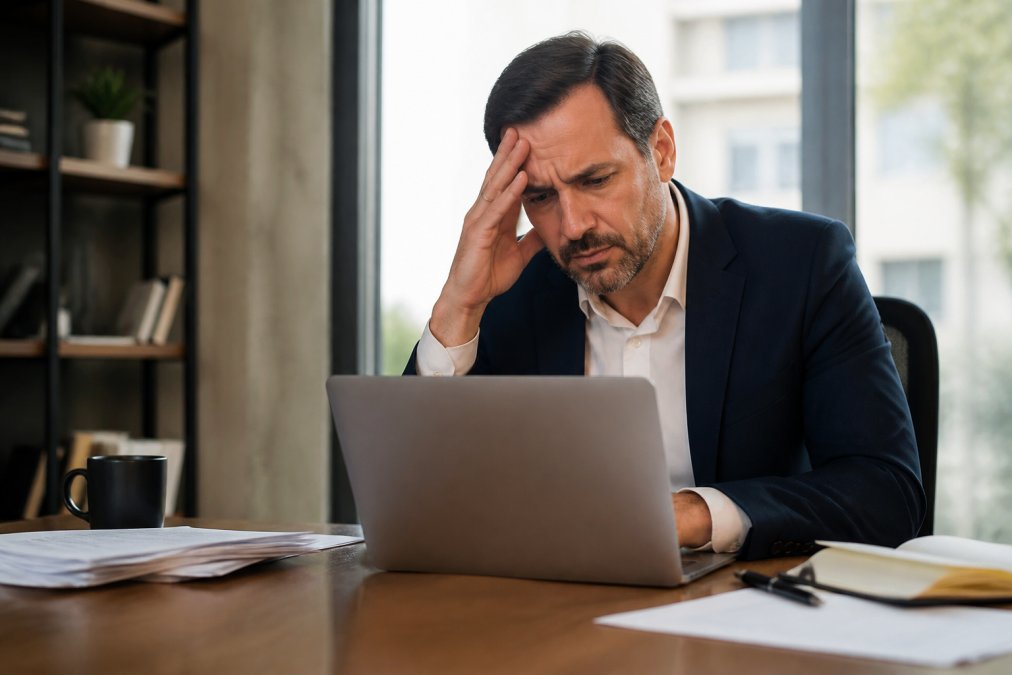 Business professional reviewing website analytics on a laptop screen, looking frustrated while reviewing poor performance metrics