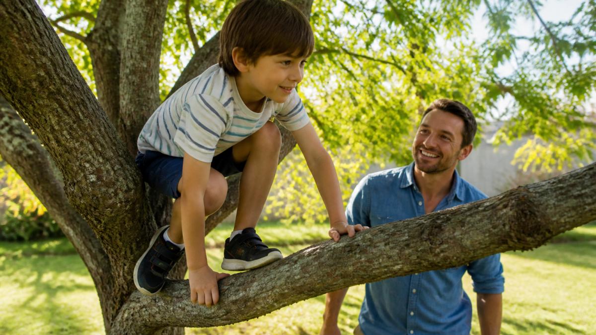 A 7-year-old child climbing a low tree branch in a sunny backyard with a parent nearby smiling encouragingly, showing active outdoor play and supervised challenge-based activity