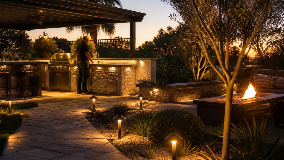 Warm pathway lights illuminate a stone walkway beside a glowing fire feature and an inviting outdoor kitchen at dusk.