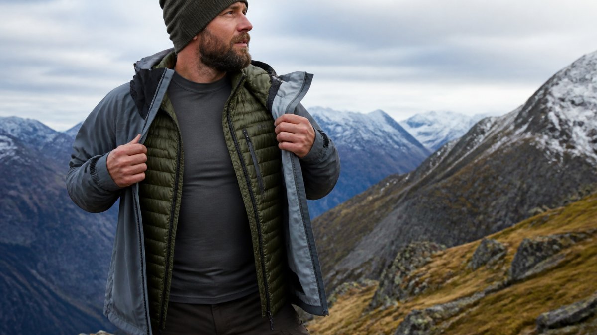 Hiker wearing visible layered outdoor clothing in mountain terrain, showing fitted base layer, insulating mid layer, and waterproof outer shell clearly visible, demonstrating proper layering for changing weather conditions