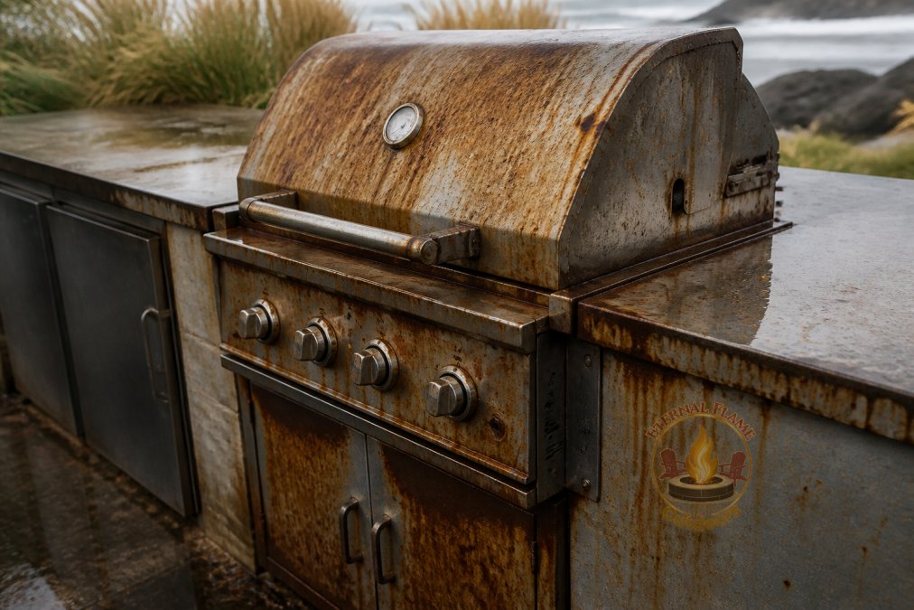 Outdoor grill showing visible rust, corrosion, and weathered metal surfaces from prolonged exposure to rain and salt air without protective covering