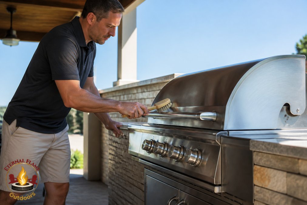 Homeowner in casual outdoor clothing using a soft brush to clean the exterior of a stainless steel grill on a sunny afternoon, with a covered patio visible in the background