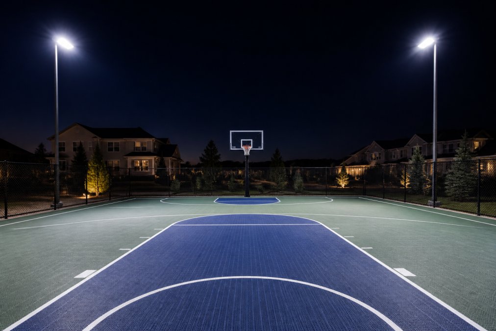 A well-lit outdoor basketball court at night, LED pole lights mounted on both sidelines casting even white light across the painted surface, dark sky above with no visible glare halo around the fixtures, residential homes visible in the background