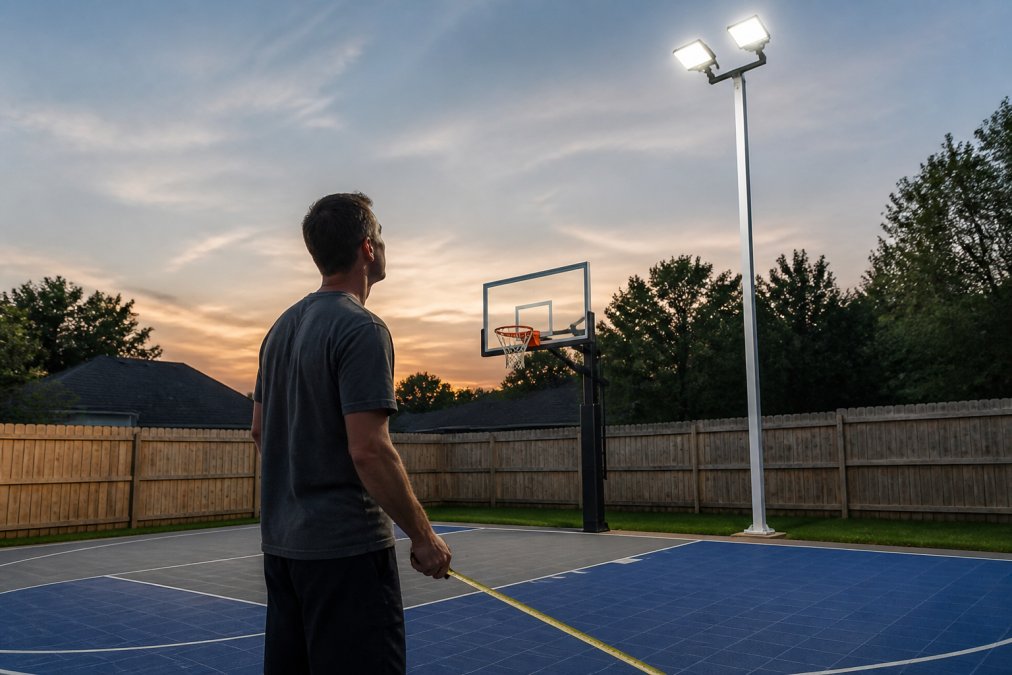 A homeowner standing at the edge of a backyard basketball court at dusk, looking up at a mounted LED court light on a white pole, holding a measuring tape extended toward the court surface, residential fence visible in the background